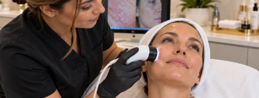 Aesthetician performing skin analysis